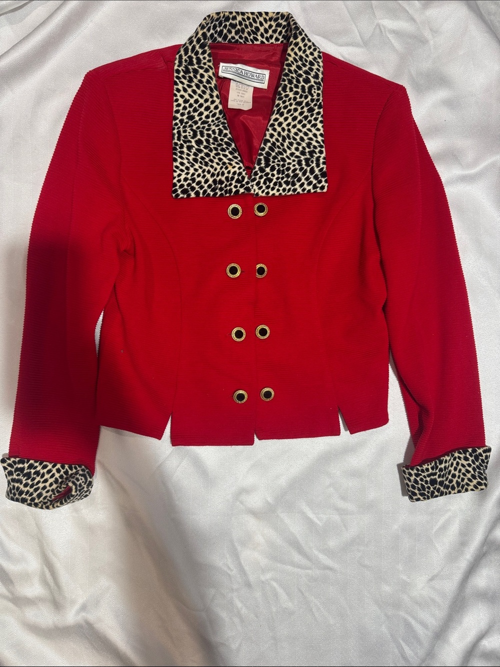 Jessica Howard Red Double-Breasted Blazer with Leopard-Print Trim